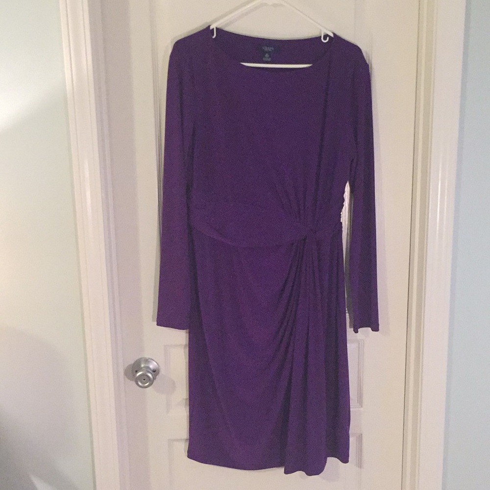 Purple long sleeved ruched dress.